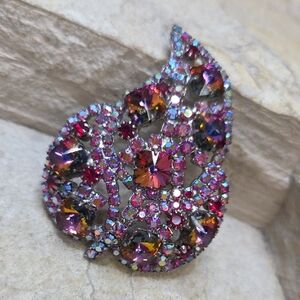 Vintage Aurora borealis brooch with paisley shaped rivoli in red and pink